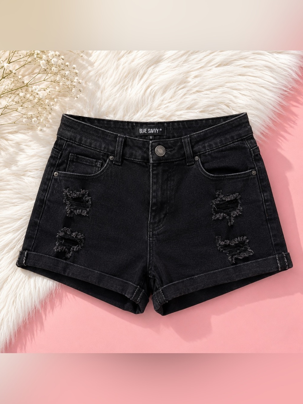 Blue Savvy Black Distressed Cuffed Denim Shorts